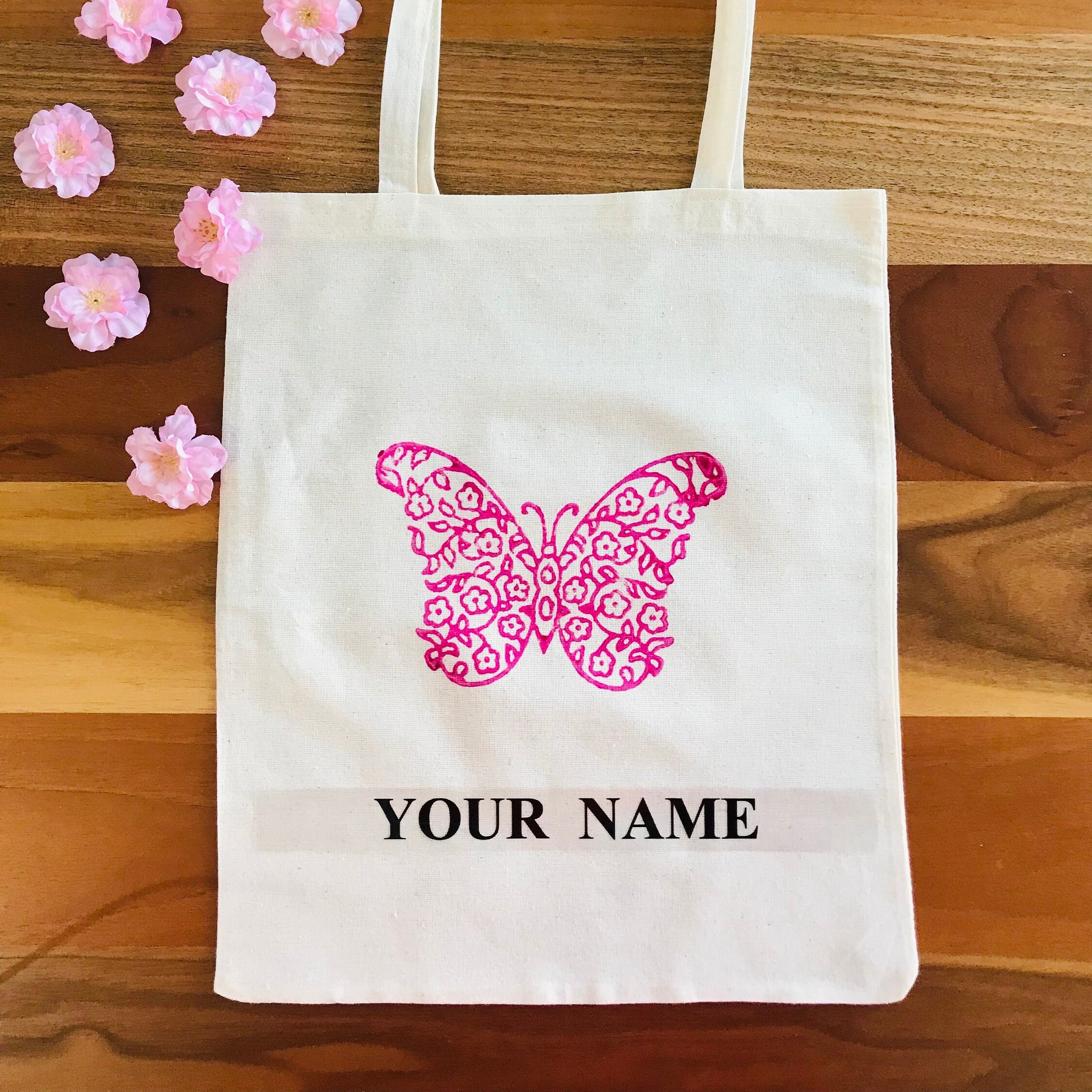  Personalised Pink Color Name with Butterflies Tote Bag