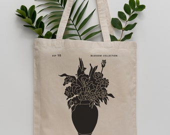 Vase and Flowers Tote Bags for Women, Floral Cotton Tote Bags, Cute Tote Bags, Grocery Natural Cotton Bags, Canvas Tote Bags