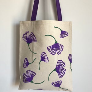 Hand painted Ginkgo Tote Bag, Ginkgo Blockprint, Floral Botanical Hand Painted Tote, Mothers Day Gift, Flower Shoulder Bag, gift for Her