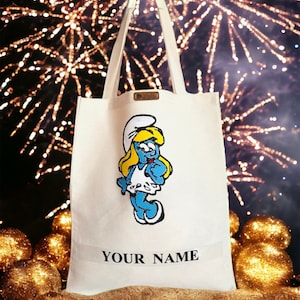 Tote bag Personalized cotton bag with your first name - Smurfette Disney - children&#39;s nursery school, Hand Painted Smurfette Very Special