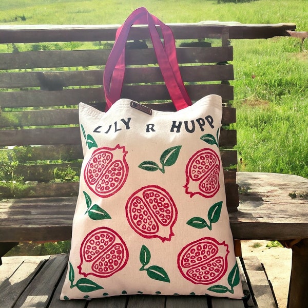 Granatapfel Einkaufstasche, Granatapfel Tasche,  Ästhetische Tasche, Obst Cottagecore Markt Tasche, Süße Einkaufstasche, Wood Block Printed
