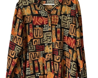Camisa vintage de los 90 con estampado geométrico abstracto y botones, talla grande, tonos tierra.