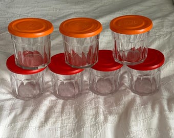 Vintage French Le Parfait Faceted Glass Jars 500ml 1970s Retro Pantry Storage Set of 7 Red Orange Lids Cottagecore Kitchen Canister Lot