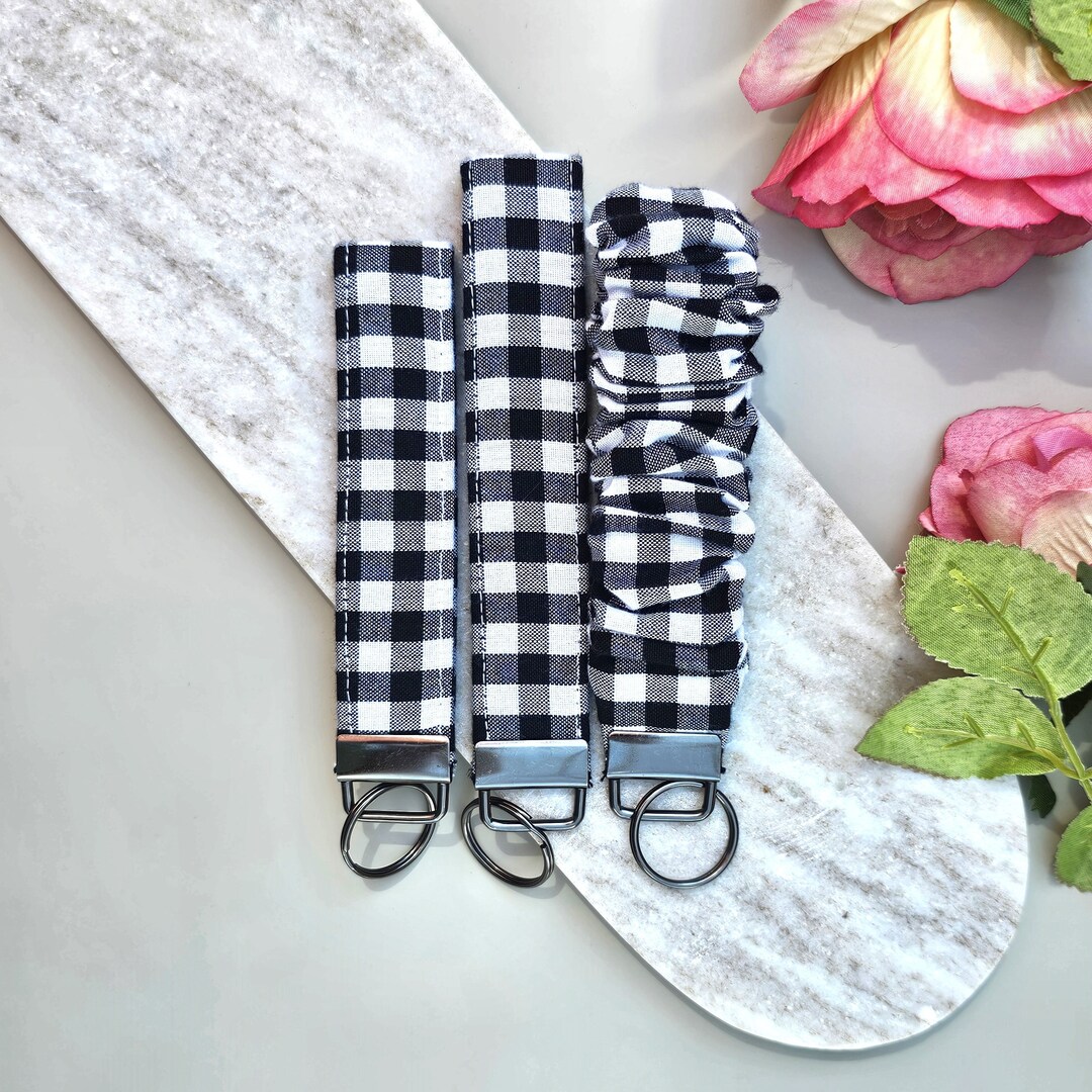 Gingham Black & White Key Fob | Scrunchie Wristlet Keychain - Etsy