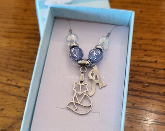 Fox Initial Necklace: Stainless Steel Charm, Galaxy Bead Jewelry