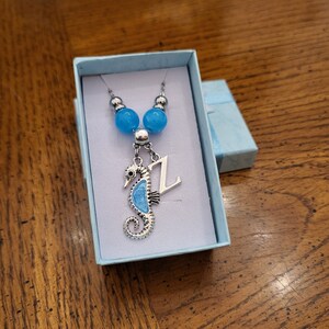 Blue Silver Seahorse Necklace, Little Girls Initial Necklace, Women&#39;s Charm Jewelry, Gift for her, Initial Seahorse Jewelry, Ocean Jewelry