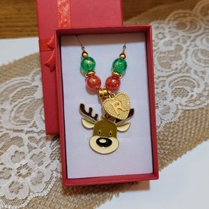 Reindeer Necklace, Kids Initial Necklace, Little Girls Charm Jewelry, Gift for her, Reindeer Jewelry, Stocking Stuffer, Holiday Jewelry