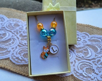 Fox Necklace, Kids Initial Necklace, Little Girls Charm Jewelry, Gift for her, Fox Jewelry, Orange Fox Necklace, Animal Charm Jewelry, Beads