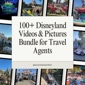 May include: A digital collection of 100+ Disneyland videos and pictures bundle for travel agents, featuring a collage of various theme park scenes including castles, rides, and floral displays, with the text @MAGSONMAINSTREET at the bottom.