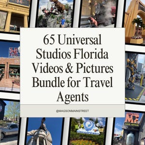 May include: A collection of digital images featuring various scenes from Universal Studios Florida. The central image displays the text "65 Universal Studios Florida Videos & Pictures Bundle for Travel Agents" with the handle @MAGSONMAINSTREET.