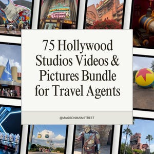 May include: A collection of images of Hollywood Studios attractions, including the Runaway Railway ride and the Tower of Terror. The text on the image reads "75 Hollywood Studios Videos & Pictures Bundle for Travel Agents."
