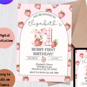 Bearbeitbar Beere Erste Geburtstagseinladung Mädchen | Erdbeere 1.Geburtstagsparty Vorlage | Süße Beere einladen | Sofort Download