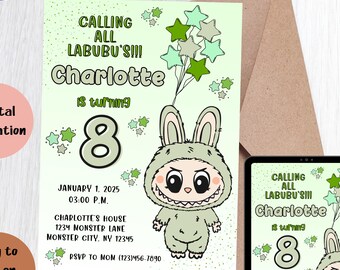 Editable Labubu Birthday Invitation | Cute Monster Party Template for Girls | Digital Labubu Invite | Green Labubu Birthday Invite