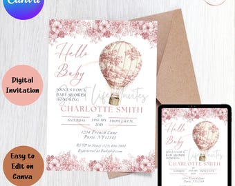 Pink Toile baby shower invitation | Elegant pink baby shower invite | French Toile Shower | Chinoiserie invitation | baby girl shower invite