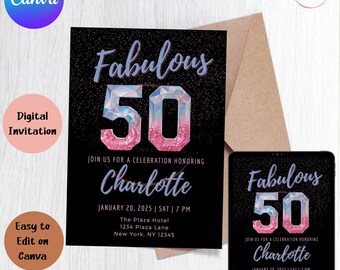 Favoloso invito digitale per i 50 anni / Invito per festeggiare il cinquantesimo compleanno / Invito modificabile per il 50° compleanno / Invito per la festa del 50° compleanno di una donna
