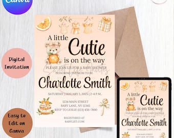 Plantilla editable de invitación para baby shower de naranja y lindura / Invitación con temática de lindura pequeña / Descarga de Canva para baby shower de cítricos de género neutro