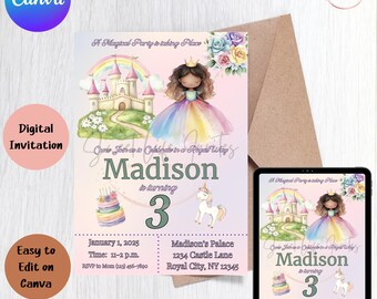 May include: A digital invitation for a girl's 3rd birthday party. The invitation features a princess in a rainbow dress, a unicorn, and a castle. The text on the invitation reads "Come Join us to Celebrate in a Royal Way! Madison is turning 3".