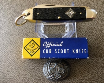 1960'S - 1970'S Camillus Official Cub Scouts Knife, Black Delrin Handles. Also 1950'S Boy Scouts Eagle Neckerchief Slide. Both For One Money