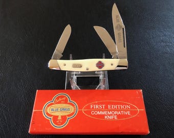 Rare 1979-1980 Belknap Blue Grass First Edition 3-Bladed Stockman Knife BG-1, Delrin Handles Original Box Mint!