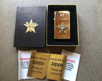1992 Zippo Brass Marlboro Longhorn Slim Lighter, Original Box-Paperwork, In Mint Condition.