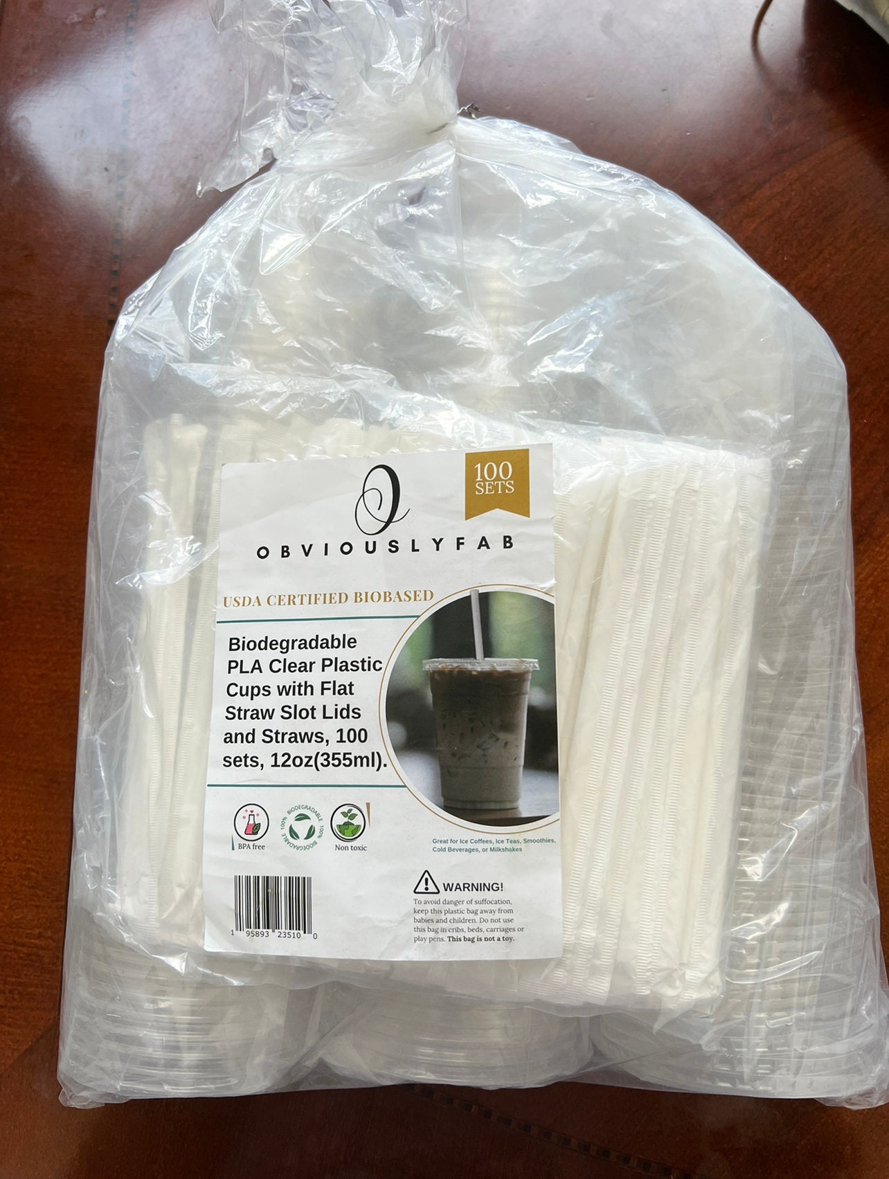 Biodegradable PLA Clear Plastic Cups With Flat Straw Slot Lids and