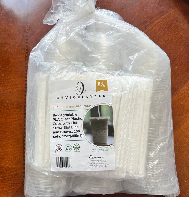 Biodegradable PLA Clear Plastic Cups With Flat Straw Slot Lids and