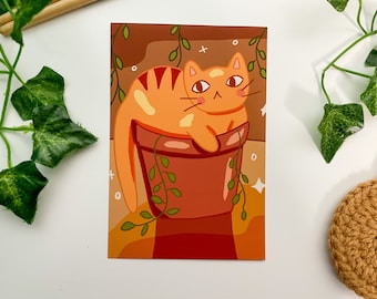 Cute Cat Art Print | Potted plant kitten art print