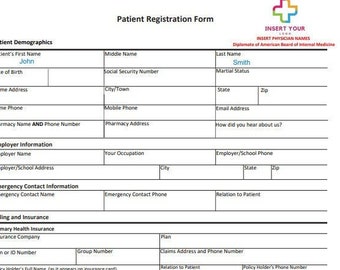 May include: A patient registration form with sections for personal demographics, insurance information, medical history, and social history. The form includes fields for name, date of birth, address, phone number, insurance details, past medical conditions, allergies, and social habits.