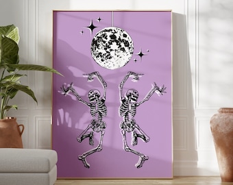 Decoración de Halloween imprimible con esqueleto bailando discoteca, arte de bola de discoteca, impresión de Halloween, decoración espeluznante, arte de pared de Halloween, decoración retro divertida para dormitorio