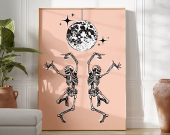 Decoración de Halloween imprimible con esqueleto bailando funky / Arte de bola de discoteca, Impresión de Halloween, Decoración espeluznante, Arte de pared de Halloween, Impresión estética de discoteca