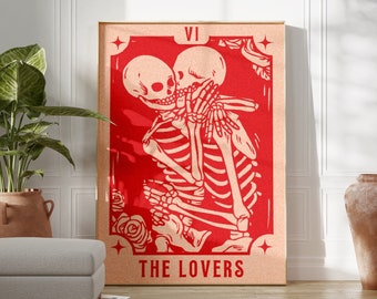 Halloween Skeleton Tarot Card Print | The Lovers Tarot Card, Skeleton Halloween Decor Skeleton Print, Halloween Printable Gothic Wall Art