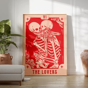 Halloween Skeleton Tarot Card Print | The Lovers Tarot Card, Skeleton Halloween Decor Skeleton Print, Halloween Printable Gothic Wall Art