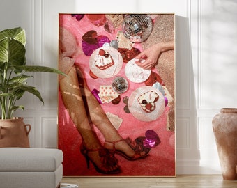 Poker Night Pink Retro Wall Art Print Trendy Funky Decor, Groovy Disco Ball Poster Bar Cart Art Apartment Decor, Girly Wall Art Dorm Decor