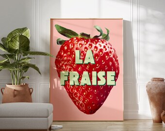 La Fraise French Pink Strawberry Print Poster | Trendy Retro Kitchen Decor Pink Girly Wall Art Preppy Room Decor Funky Printable Poster