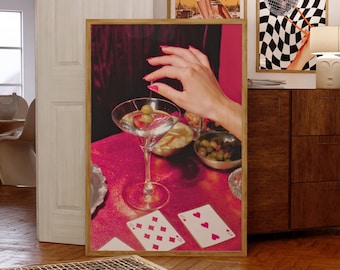 Girl Dinner Martini Bar Cart Print | Vintage Cocktail Poster, Trendy 70's Wall Art, Pink Poker Playing Cards Print for Girly Dorm Apartment