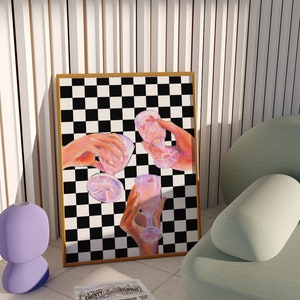 Cocktailposter barwagen decor | Dambord indie kamerdecor, cocktailmuurkunst, alcoholposter, instant download, funky eclectische prints