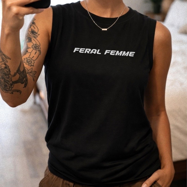 Feral Femme Lesbian Aesthetic Muscle Tee Queer Graphic Tank y2k Pride Outfit Sapphic WLW Couple Top Vintage LGBTQ Gift Nonbinary Shirt Club image 5