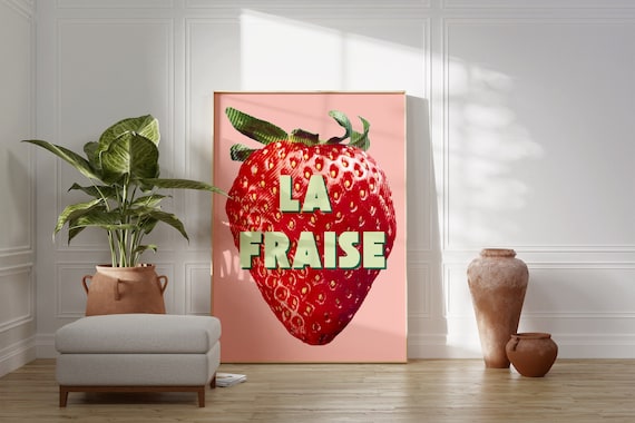 La Fraise French Pink Strawberry Print Poster | Trendy Retro Kitchen Decor Pink Girly Wall Art Preppy Room Decor Funky Printable Poster