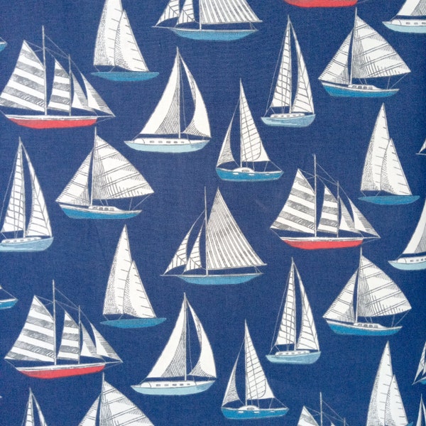 Nautical Fabric, Cotton Fabric with Boats, Ocean, Sea Yachts, Marine Fabric, Fabric for Boys, Maritime Cotton Fabric, Navy and White Fabric