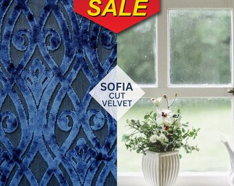 Art Decor Velvet Fabric, Damask Velvet, Geometric Velvet, Upholstery and Curtain Fabric, Fabric by The Yard, Cut Velvet Design, Navy Velvet