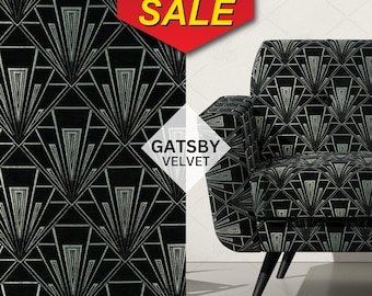 Art Decor Velvet Fabric by Fibre Naturelle, Gatsby Collection, Geometric Velvet, Upholstery and Curtain Fabric, Home Decor Black Chenille