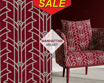 Art Decor Velvet Fabric by Fibre Naturelle, Manhattan Collection, Geometric Velvet, Upholstery and Curtain Fabric, Home Decor Chenille
