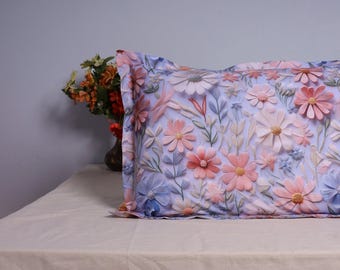 Daisy Pillow Shams Set,Pink & Blue Floral Sham,Spring Bedroom Pillow Case,Pastel Flower Oxford Cover,Soft Aesthetic Shams