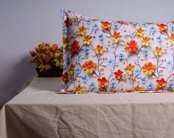 Floral Queen Pillow Sham Set - Vibrant Cushion,Maximalist Botanical Accent Flanged Queen Pillow Sham,Spring Home Decor