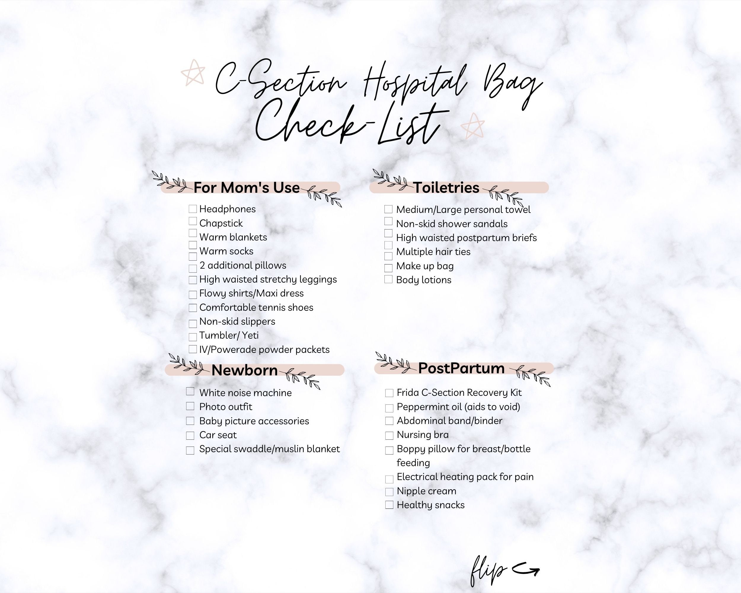 C-section Hospital Bag Checklist, Preparing for Positive Cesarean Birth,  Gentle C Section, Digital Download With 2 Different Sizes, 