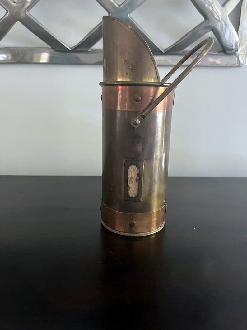 Vintage Brass and Copper Long Matchstick Holder With Handle and Striker