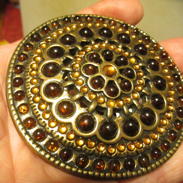 Belt Buckle Large Round Solid Brass Jeweled Scarlet & Gold