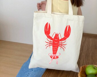 Funny Lobster Bow Ribbon Cotton Canvas Tote Bag Resusable Seafood Creature Underwater Girly Sachel Gift for Farmers Market Lover Coquette