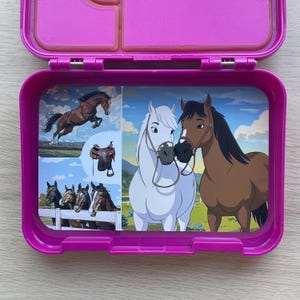 Könnte beinhalten: Eine rosafarbene Lunchbox mit Pferde-Motiv. Der Deckel hat ein Fach für Snacks und der Boden ein größeres Fach für eine Mahlzeit. Auf dem Deckel steht "OPEN". Der Boden der Lunchbox zeigt ein Bild von Pferden. Das Bild zeigt ein weißes Pferd, ein braunes Pferd und einen Sattel.