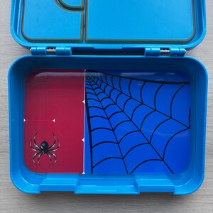 Könnte beinhalten: Eine offene blaue Brotdose mit Spider-Man-Motiv. Der Innenraum zeigt einen roten Bereich mit einer schwarzen Spinne und einen blauen Bereich mit einem schwarzen Spinnennetz-Design. Für Kinder geeignet.